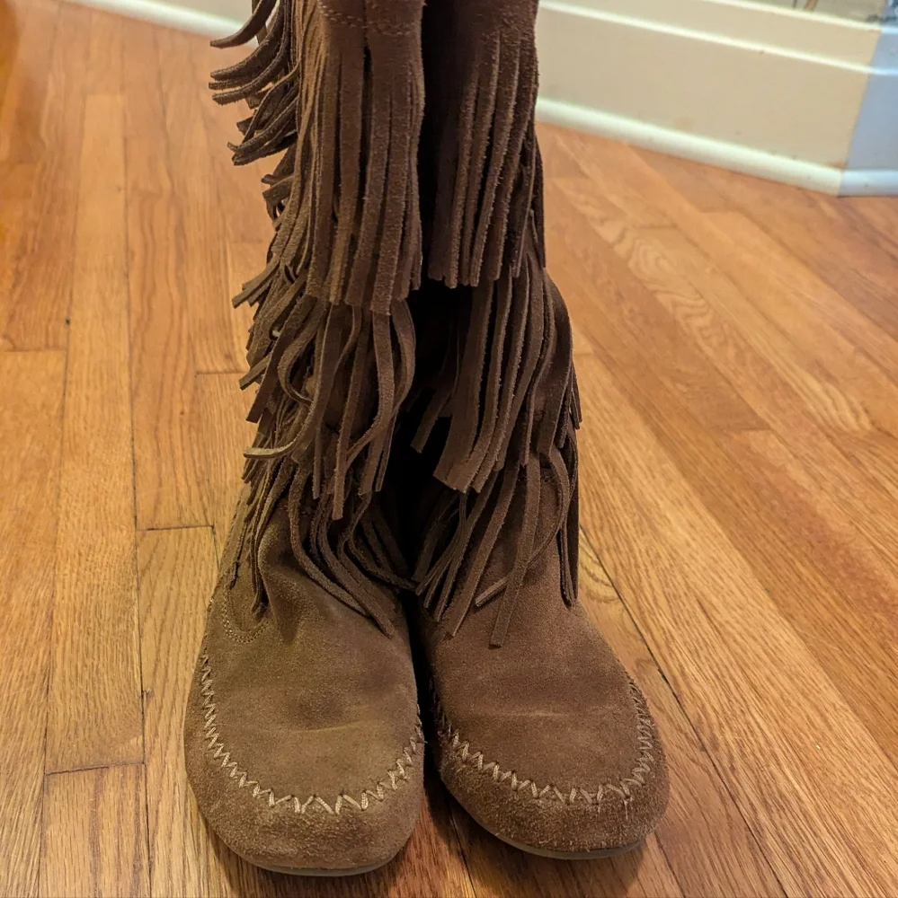 Brown Fringe Suede Moccasin Boots - Picture 4 of 7